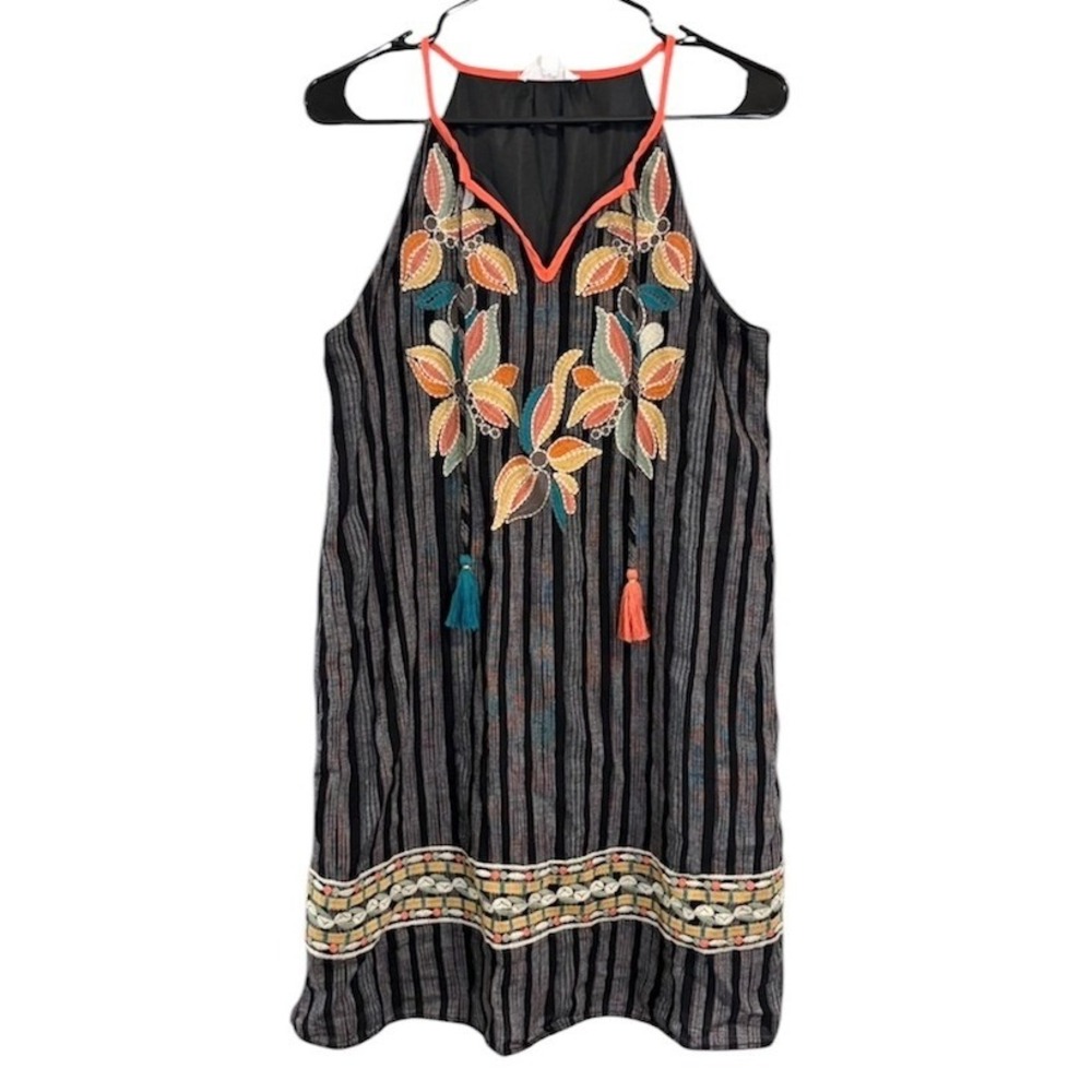 THML Embroidered Halter Shift Dress Black Striped Floral Boho MEDIUM